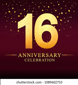 16 years anniversary. celebration logotype 16th years.Logo with golden and on dark pink background, vector design for invitation card, greeting card. 