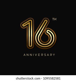 16 years anniversary celebration logotype. anniversary logo with golden and silver color isolated on black background, vector design for celebration, invitation card, and greeting card