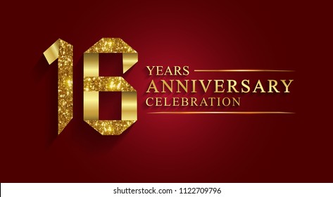 16 years anniversary celebration logotype style gift paper. Logo ribbon golden number on red background.