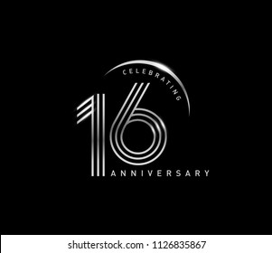 16 years anniversary celebration logotype with line number style silver color isolated on black color. vector anniversary for celebration, invitation card, and greeting card