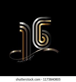 16 years anniversary celebration logotype with line number gold and silver color isolated on black color. vector anniversary for celebration, invitation card, and greeting card