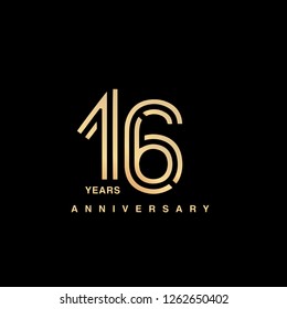 16 years anniversary celebration logotype. anniversary logo with golden and silver color isolated on black background, vector design for celebration, invitation card, and greeting card - Vector