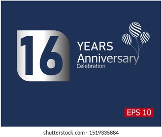 16 years anniversary celebration logotype with silver color isolated on blue background