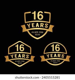 16 years anniversary celebration logotype. 16th anniversary logo collection. Set of anniversary design template. Vector illustration.