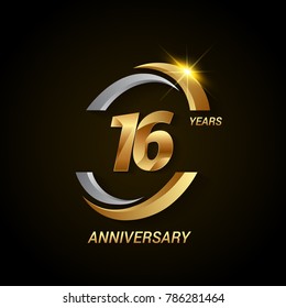 16 Years Anniversary Celebration Logotype. Golden Elegant Vector Illustration with Swoosh, Isolated on Black Background can be use for Celebration, Invitation, and Greeting card