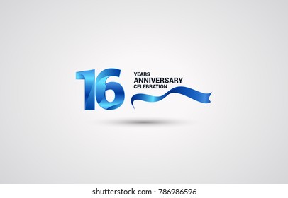 16 Years Anniversary celebration logotype colored with shiny blue, using ribbon and isolated on white background