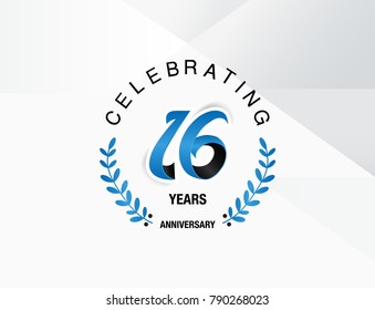 16 Years Anniversary celebration logotype , using combination blue and black colored font with laurel, isolated on white background