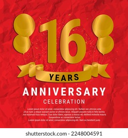 16 Years Anniversary celebration. Luxury happy birthday card background with elements balloons and ribbon with glitter effects. Abstract Red with Confetti and Golden Ribbon. Vector Illustration EPS10