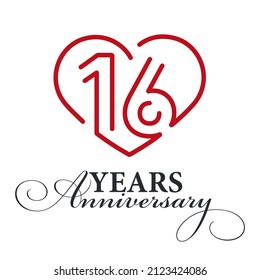 16 years anniversary celebration number sixteen bounded by a loving heart red modern love line design logo icon white background