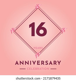 16 years anniversary celebration with purple frame isolated on soft pink background. Creative design for happy birthday, wedding, ceremony, event party, marriage, invitation card and greeting card.