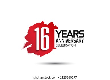 16 years anniversary celebration with red brush design isolated on white background for celebrating event