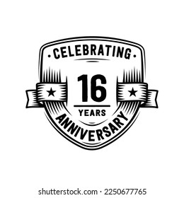 16 years anniversary celebration shield design template. 16th anniversary logo. Vector and illustration.