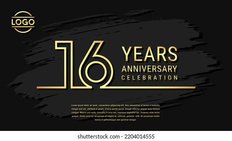 16 years anniversary celebration, anniversary celebration template design with gold color isolated on black brush background. vector template illustration