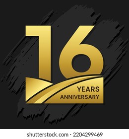 16 years anniversary celebration, anniversary celebration template design with gold color isolated on black brush background. vector template illustration