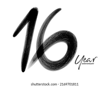 16 Years Anniversary Celebration Vector Template, 16 Years  logo design, 16th birthday, Black Lettering Numbers brush drawing hand drawn sketch, number logo design vector illustration