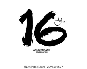 16 Years Anniversary Celebration Vector Template, 16 number logo design, 16th birthday, Black Lettering Numbers brush drawing hand drawn sketch, black number, Anniversary vector illustration