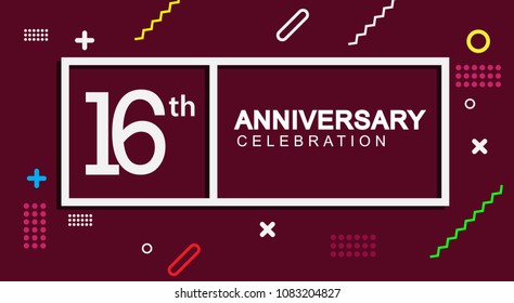 16 years anniversary celebration white square style isolated on dark purple with colorful memphis pattern background, design for anniversary celebration.
