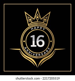 16 years anniversary design with crown  template. Vector and illustration. Anniversary logo.
