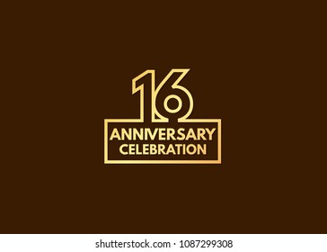 16 years anniversary design, with number formed from line connected with gold square  for celebration event isolated on brown background