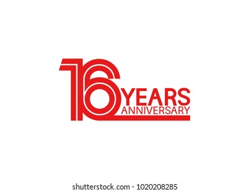 16 years anniversary design with red multiple line style isolated on white background for celebration