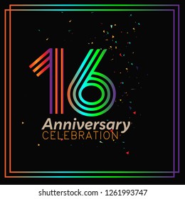 16 years anniversary design template Vector and illustration, collaboration between purple and rainbow with a dark background, gliter