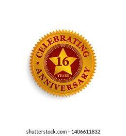 16 Years anniversary Gold & Red badge logo with stars