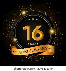 16 Years Anniversary. Golden anniversary celebration template design, Vector illustrations.