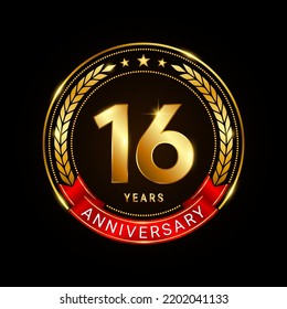 16 years anniversary, golden anniversary celebration logotype with red ribbon isolated on black background, vector illustration