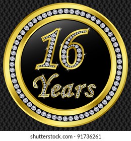 16 years anniversary golden icon with diamonds, vector illustration