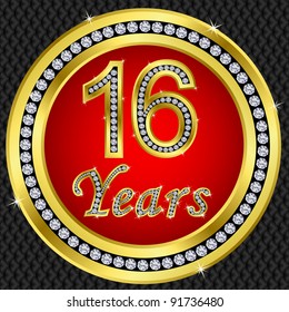 16 years anniversary, golden icon with diamonds, vector illustration