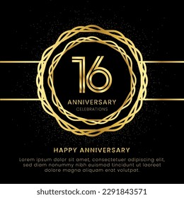 16 years anniversary with a golden number, golden glitters, and a golden circle rope on a black background. Circle a gold hexagon with glitter.