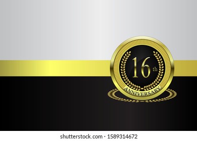 16 years anniversary with golden numbers on round frame with gold laurels and elegant background. Vector template for anniversary, happy birthday message, greeting card, invitation or celebration.
