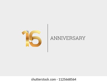 16 Years Anniversary Golden ribbon form number font. isolated on white background.  