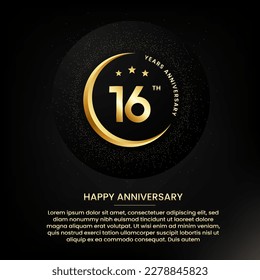 16 years anniversary with a half moon, stars, glitter and editable speech text. Golden half moon anniversary banner template with a golden number