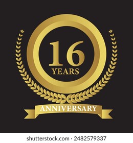 16 years anniversary icon with laurel wreath. Vector illustration.