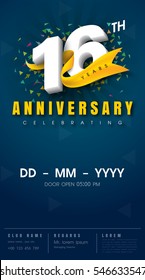 16 years anniversary invitation card - celebration template 
design , 16th anniversary modern design elements, dark blue 
background - vector illustration