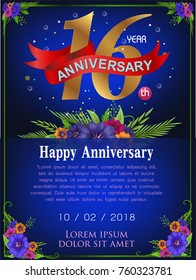 16 years anniversary invitation card - celebration template design , 10th anniversary modern design elements, dark blue background - vector illustration