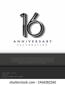 16 Years Anniversary Invitation and Greeting Card Silver Colored with Flat Design and Elegant, Isolated on white Background. Vector illustration.