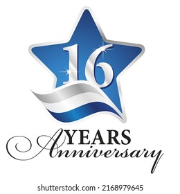16 years anniversary isolated blue star silver white blue flag ribbon logo icon