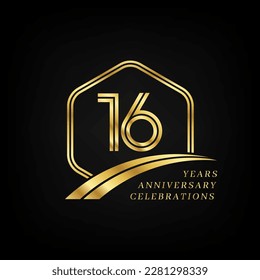 16 years anniversary. Lined gold hexagon and curving anniversary template.