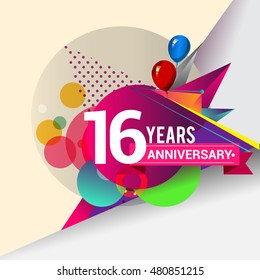 16 Years Anniversary logo with balloon and colorful geometric background, vector design template elements for your birthday celebration.