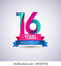 16 years anniversary logo, blue and red colored vector design