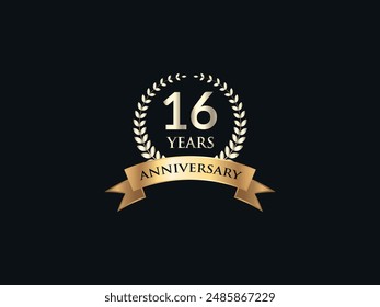 16 Years Anniversary Logo. Celebrating Success. Symbol of Eternal Achievement. Proud Heritage. Logo with Laurel Wreath and Ribbon. Years of Glorious Memories. Jubilee of Joy. Golden Celebratory Crest.