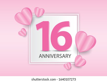 16 Years Anniversary Logo Celebration With heart background. Valentine’s Day Anniversary banner vector template