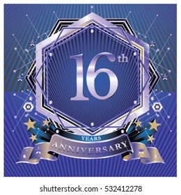 16 years anniversary logo celebration with ring and ribbon. Symbol and template for greeting card