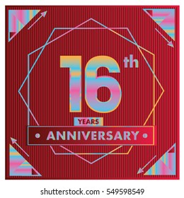 16 years anniversary logo celebration with ring and ribbon. Greeting card and cover template.