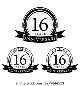 16 years anniversary logo collections. Set of 16th Anniversary logotype template. Vector and illustration.