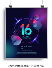 16 Years Anniversary Logo with Colorful Galactic background, Vector Design Template Elements for Invitation Card and Poster Your Birthday Celebration.