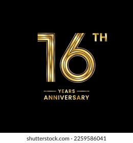 16 years anniversary logo design with golden numbers and text for anniversary celebration event, invitation, wedding, marriage, greeting card, banner, poster, flyer, brochure. Logo Vector Template