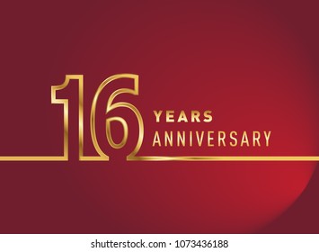 16 years anniversary logo, gold colored isolated with red background